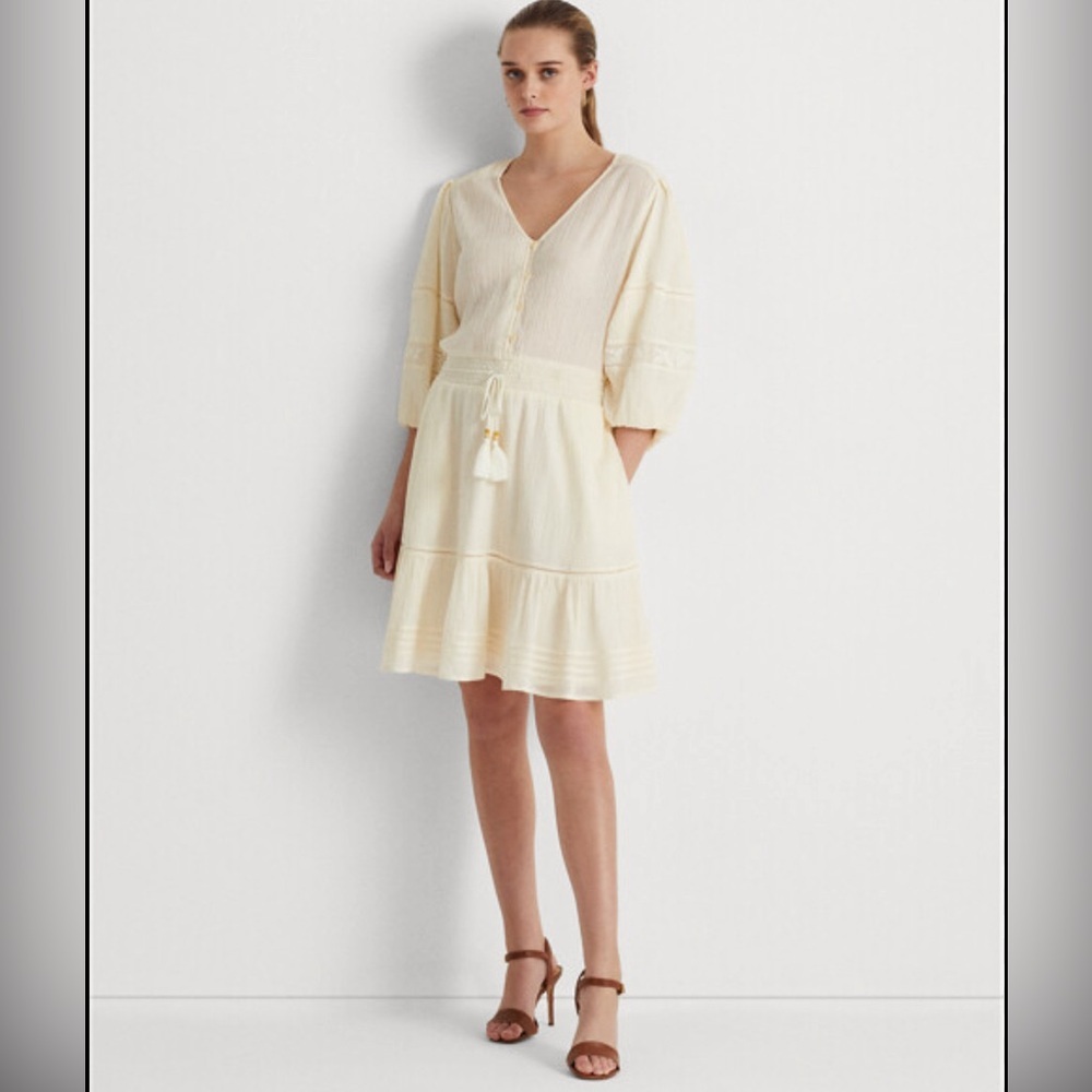 Lauren Ralph Lauren Sheer Lace Dress Quarter Sleeves Cream
